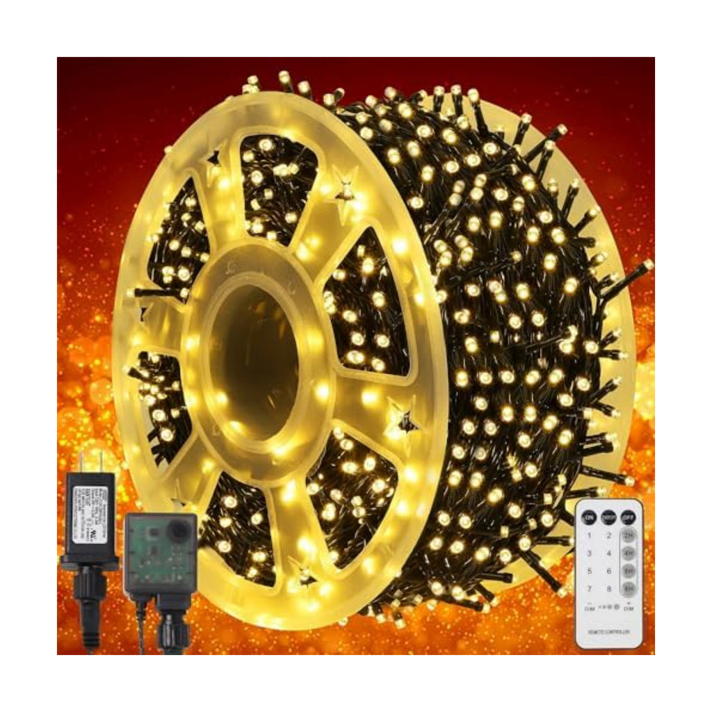 WATERGLIDE 1000 LED Christmas String Lights, 328 FT Green Wire LED Decorative Fairy Lights with Remote & 8 Modes, Waterproof for Outdoor Xmas Holiday Party Garden Wedding Home Decor, Warm White