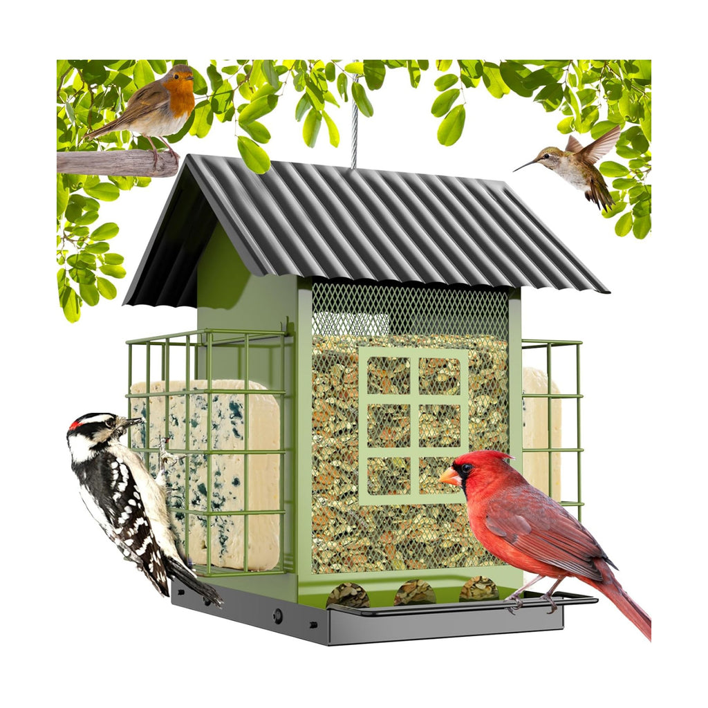 FlowaFoli Bird Feeders for Outdoors Hanging, Metal Bird Feeder with Double Suet Cage Cake, Large Capacity, Birdfeeders Sturdy & Weatherproof, Easy to Clean & Refill, Great for Attracting Wild Birds