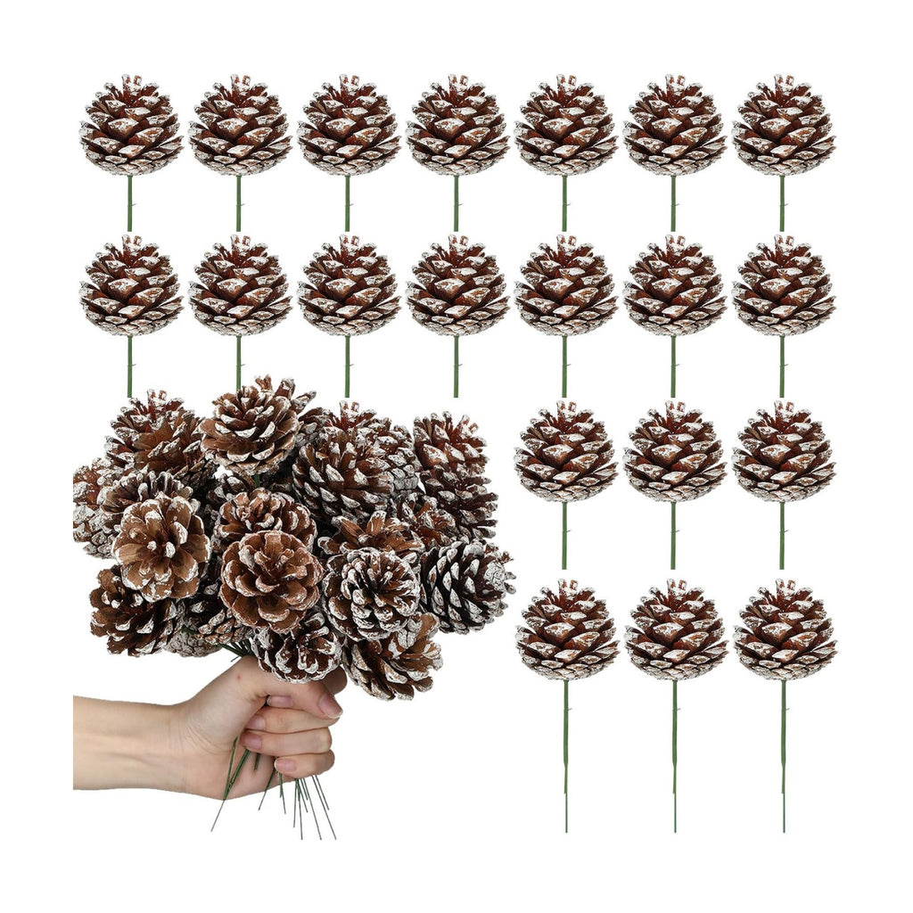 60 Pcs Pine Cones for Christmas Tree 1.38 x 5.1 Inch Frosted Snow Pine Cones Ornaments with Wired Pick for Crafts Holiday Wreath Garland Party Decorations