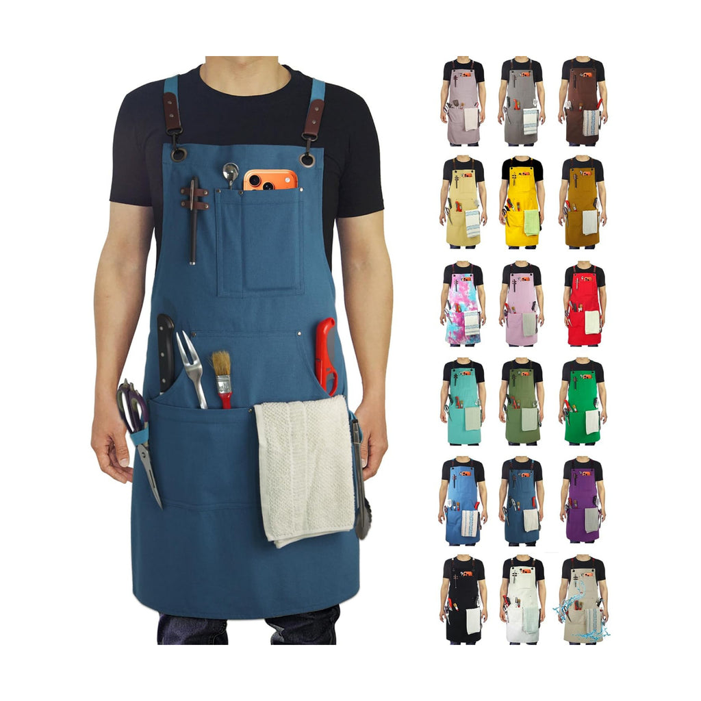 Kitchen Apron, Work Apron, Canvas, Multiple Pockets, Gardening, Painting, BBQ, Artist, Carpenter, Sizes M to XXL, Blue