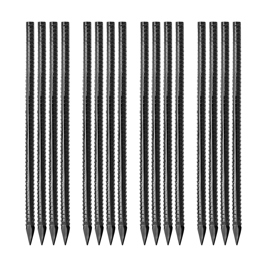 Besitu 16 inches Ground Rebar Stakes (16 pcs) Heavy Duty Metal Spikes for Concrete Timber Garden Plant, Long Straight Steel Stakes for Tent, 3/8" Thickness Ground Anchors with Chisel Point End, Black
