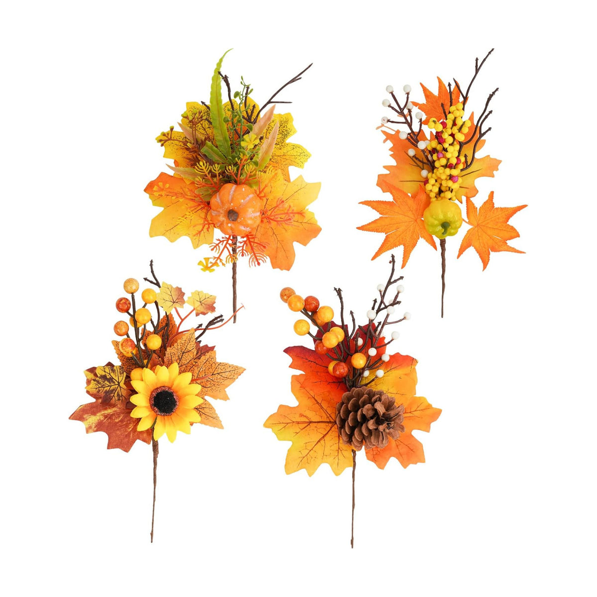 Krissing 4 Pcs Artificial Fall Floral Picks with Sunflower and Pumpkin