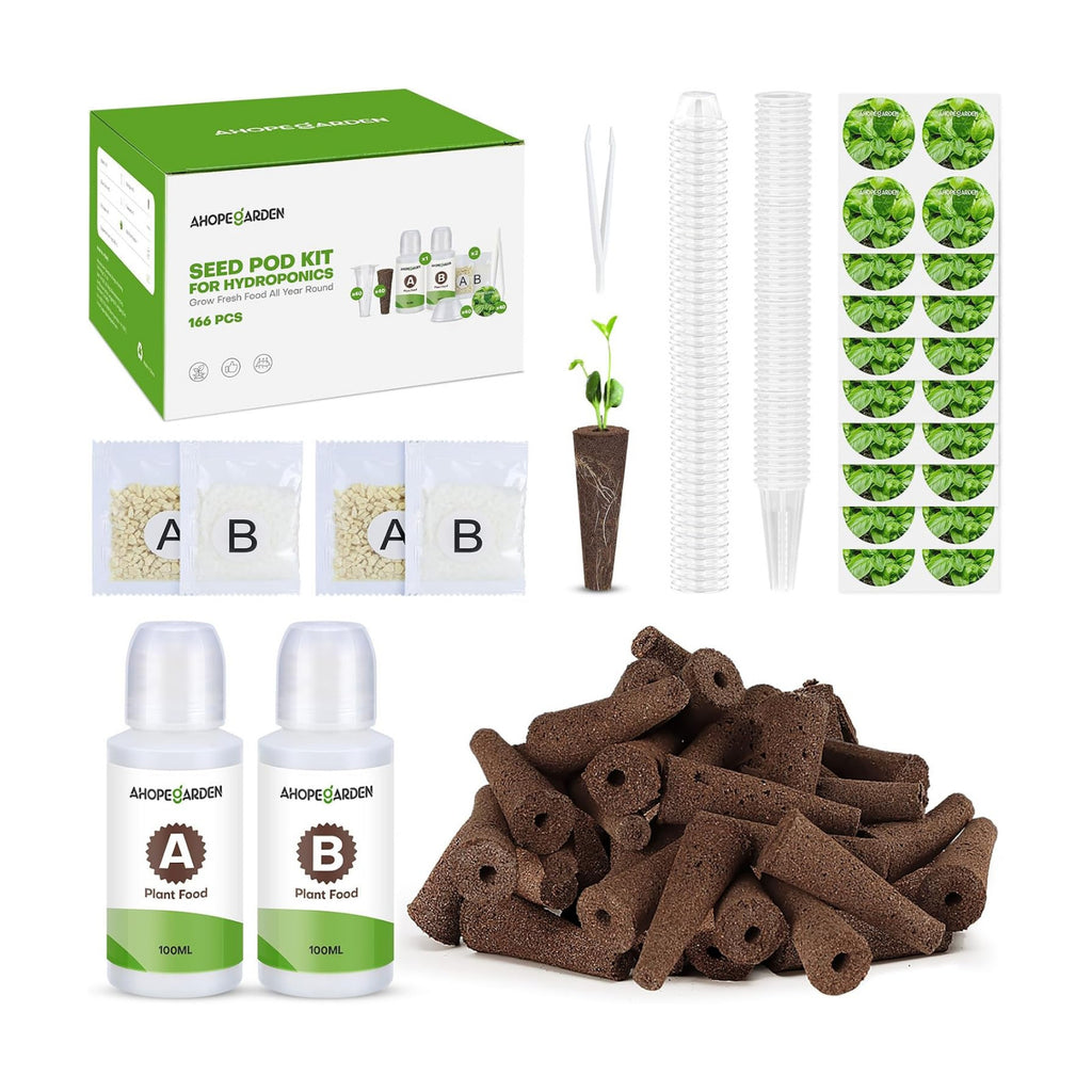 166PCS Hydroponic Pods Herb Kit: Grow Anything Kit With 600ml A&B Plant Food, 40 Grow Sponges, 40 Baskets, 40 Domes, 40