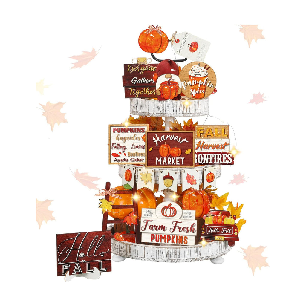 FairySandy 14 Pcs Fall Tiered Tray Decorations Set Rustic Fall Thanksgiving Pumpkin Tiered Tray Decor Farmhouse Pumpkin Truck Spice Blocks Autumn Winter Wooden Sign for Christmas Halloween