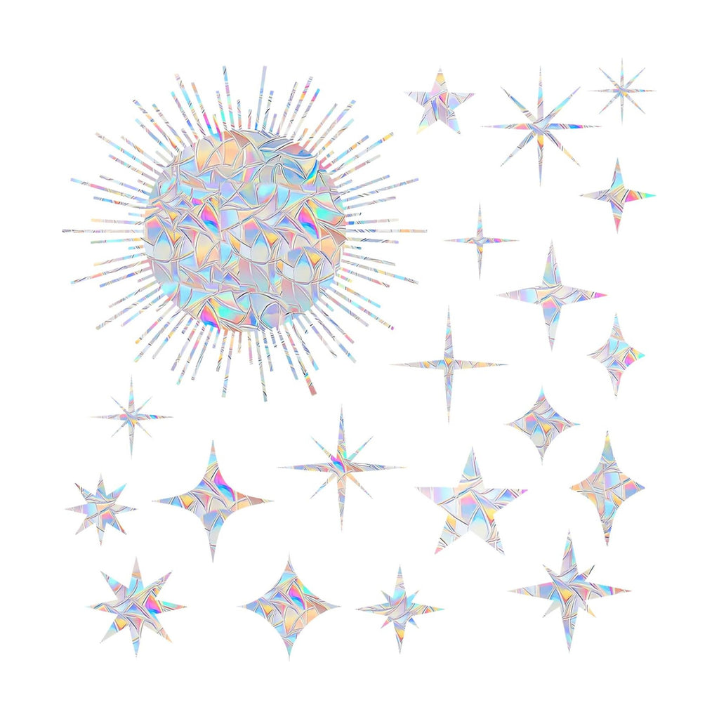 20 Star and 1 Sun Window Decals for Bird Strike Prevention - Reusable Rainbow Suncatcher Clings to Save Birds, Non-Adhesive Anti-Collision Stickers, Easy Remove No Residue