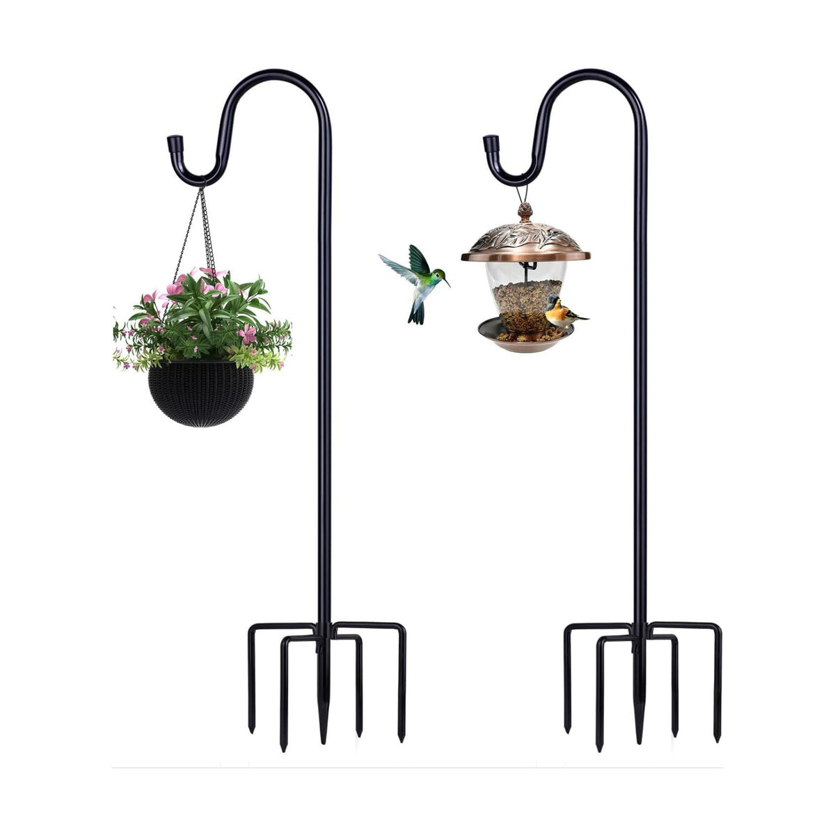 Shepherd Hooks for Outdoor, 2 Pack 62 Inch Bird Feeder Pole with 5 Prongs Base for Hanging Lantern, Hummingbird Feeder, Lightweight Plant, Shepherds Hook for Bird Feeders for Outside