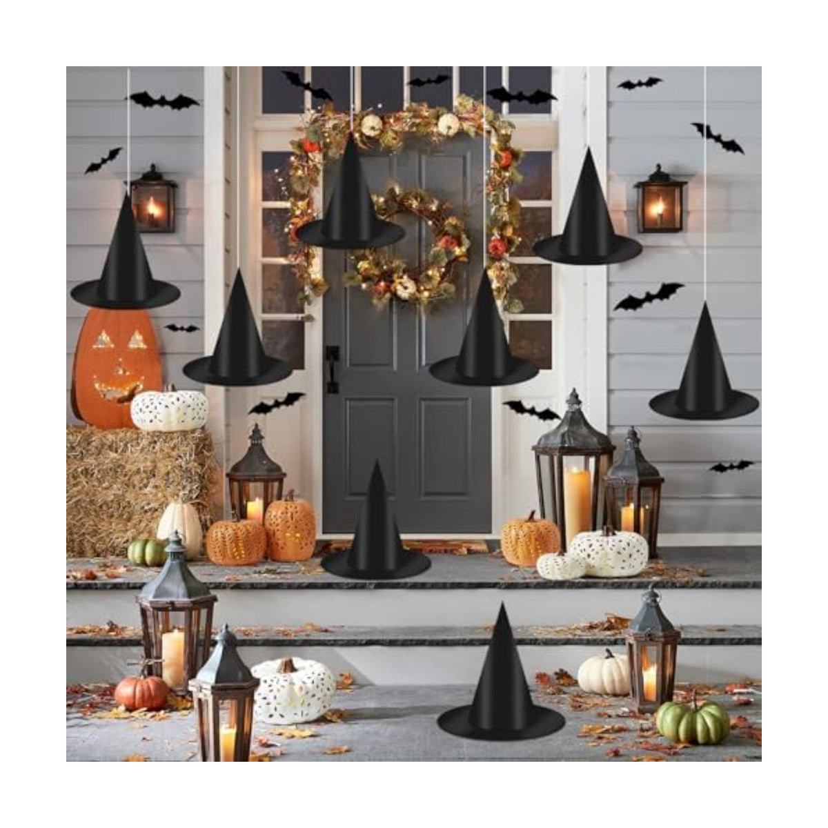 12 PCS Hanging Witch Hats Black/Pink, 16 PCS 3D Bats Stickers for Halloween Indoor Outdoor Decorations
