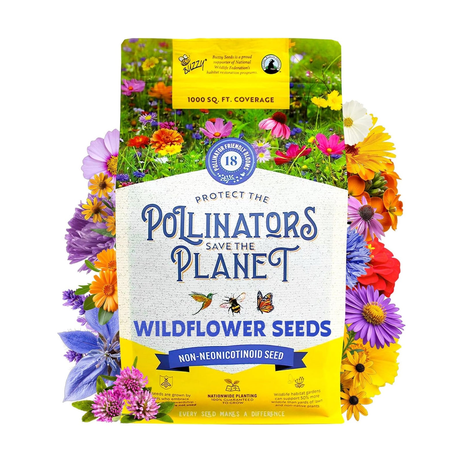 BUZZY Wildflower Pollinator Seed Mix (1lb Bag), 18 Pollinator-Friendly Varieties, Protect The Pollinators & Save The