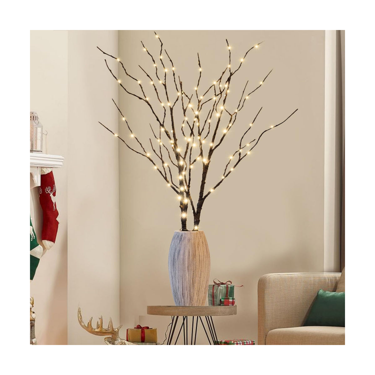 Lighted Christmas Tree Branches, 30IN 100LED Artificial Brown Twig Branch with Warm White Lights, Timer & Battery Operated, Waterproof for Indoor Outdoor Holiday Xmas Office Bedroom Party Decorations