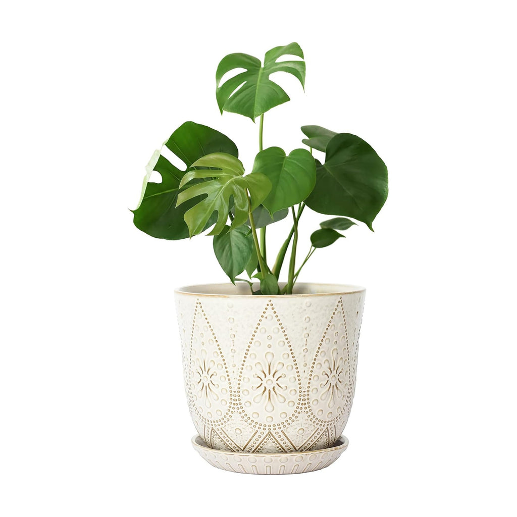 Gepege 10 Inch Ceramic Plant Pot for Indoor Plants with Drainage & Saucer | Large ceramic plant pot with drainage hole