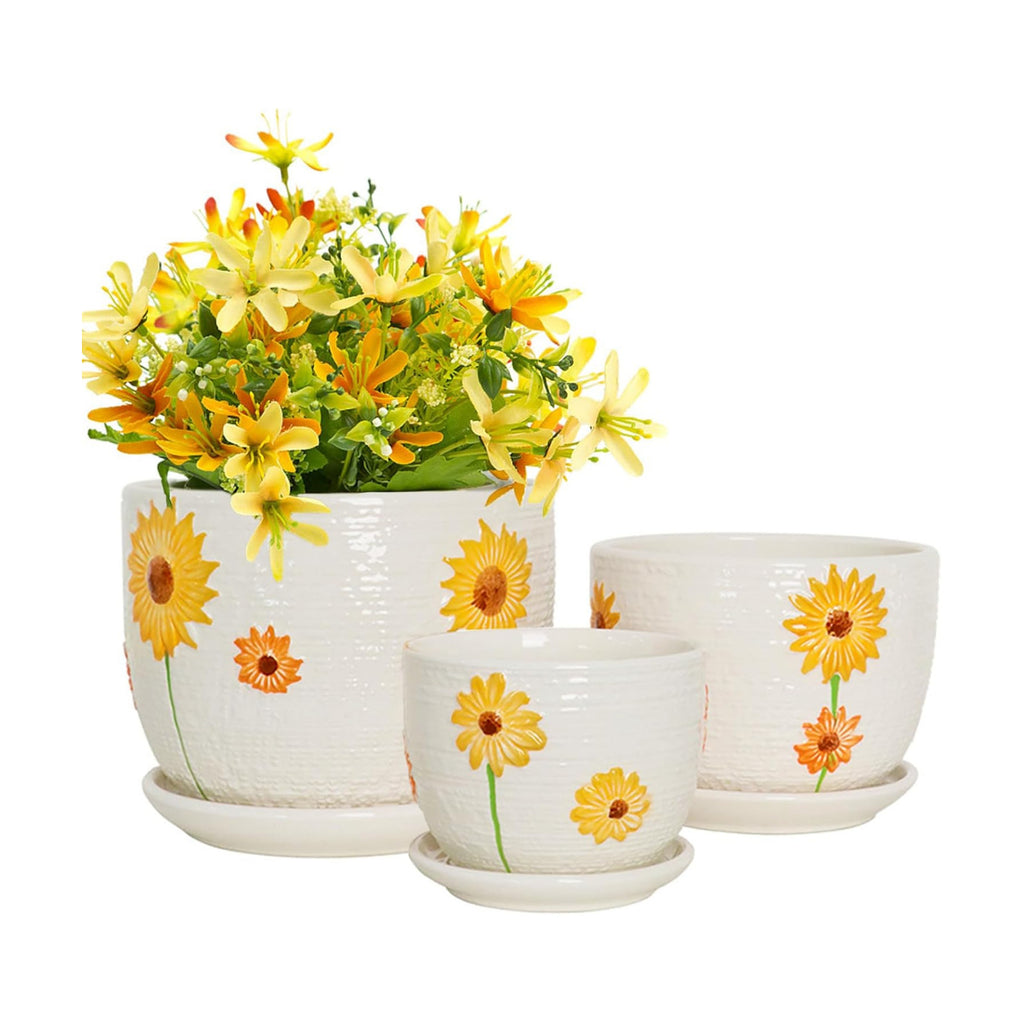 Hlukana Ceramic Plant Pots Set of 3, 6.75/5.6/4.2 inch Planters with Drainage Holes and Saucer, Flower Pots Outdoor