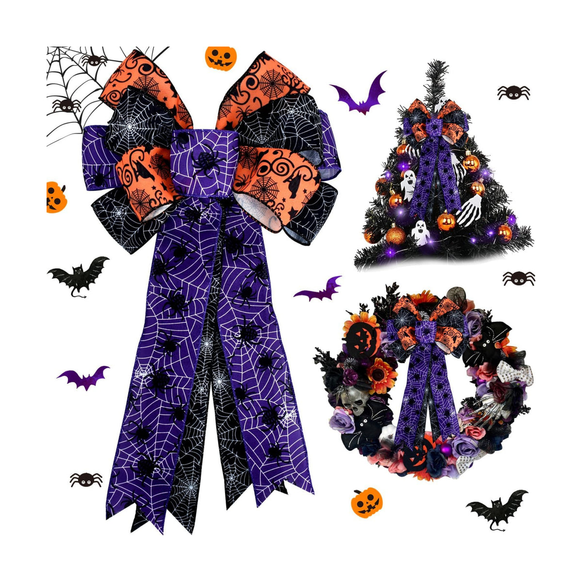 TONIFUL Halloween Burlap Bow - Purple Spider, 20 Inch x 12 Inch, Perfect for Wreaths, Front Doors, Trees, Parties, Weddings, Festivals, Indoor/Outdoor Use