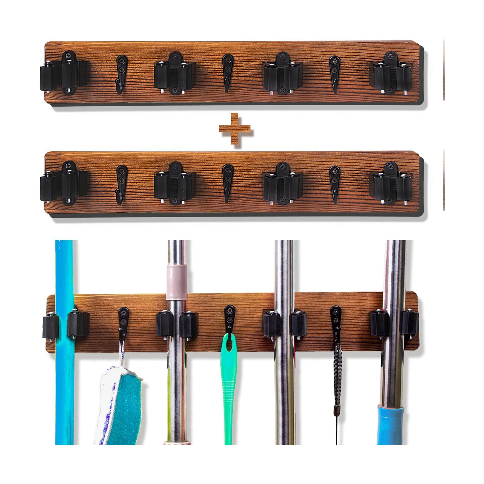 2 Pack Mop and Broom Holder Wall Mount Solid Wood Broom Rack Wall Mount 4 Positions 3 Hooks for Home, Kitchen, Garden