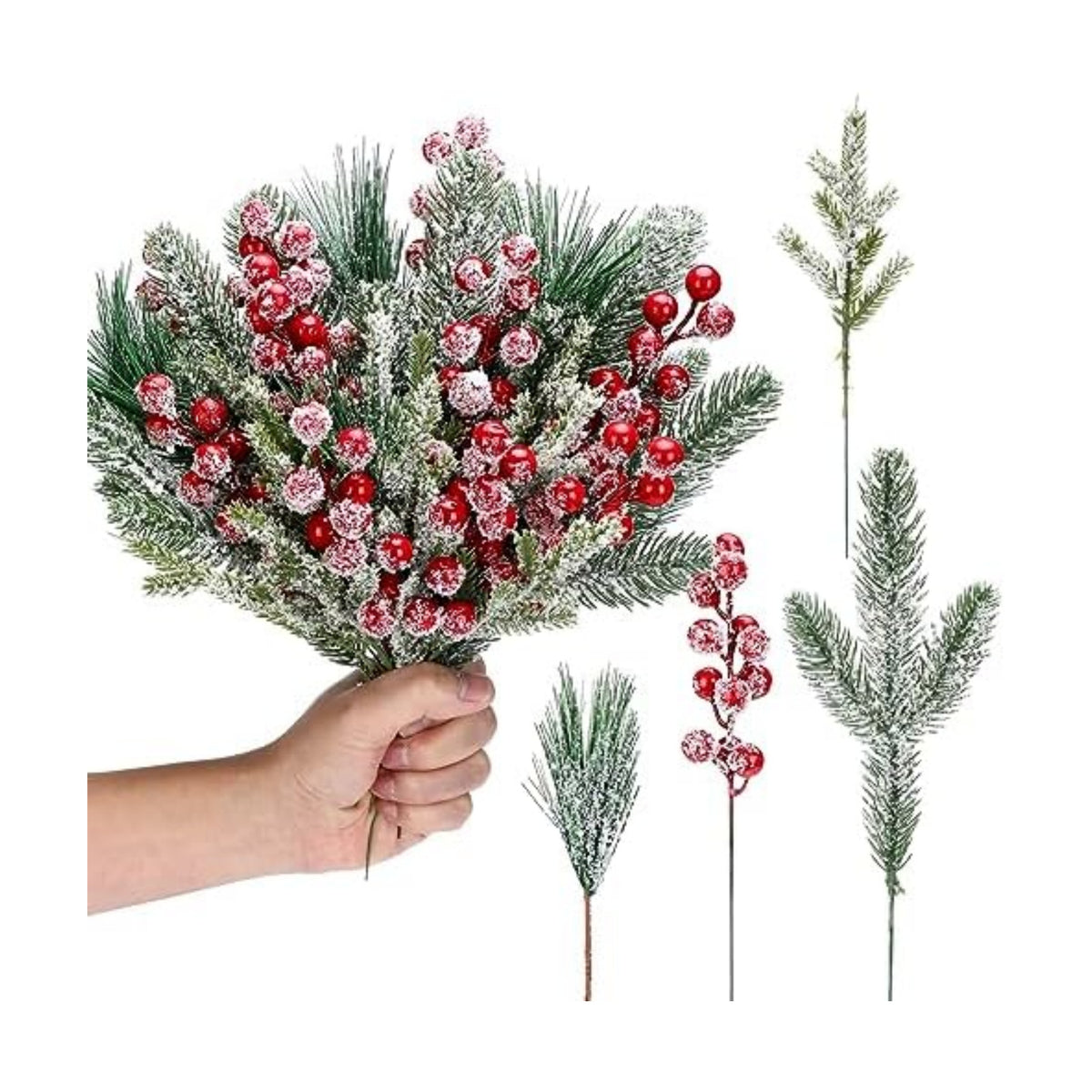 Lyrow 80 Pcs Christmas Picks Sprays, Snowy Berry Pine Branches,Red