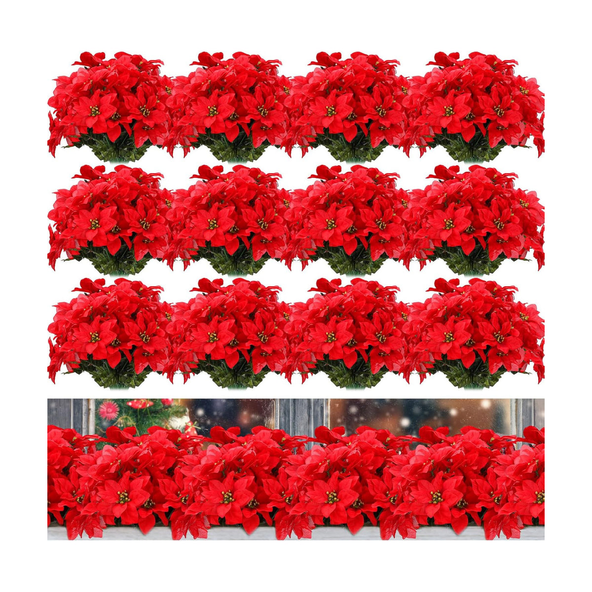 meekoo 48 Pcs Xmas Artificial Poinsettia Flowers 7 Heads W Stem, Red
