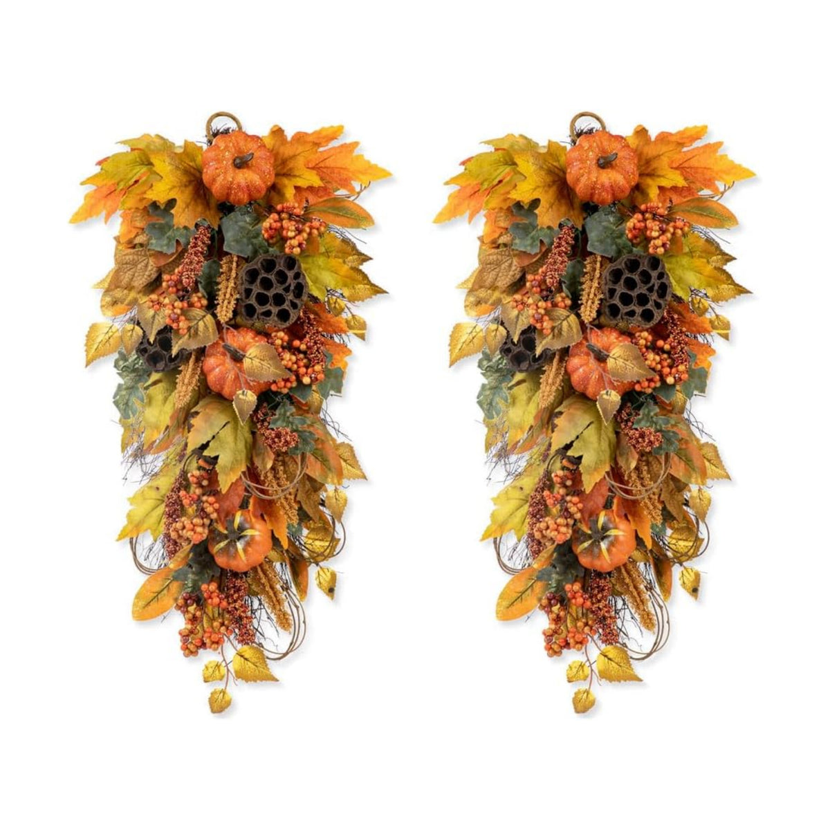Glitzhome 2Pcs Fall Pumpkin Leaf Swag with Grapevine Base, Faux Berries and Lotus Pod Ornament, 25" H Autumn Maple Leaves Swag for Fall Wall Decor