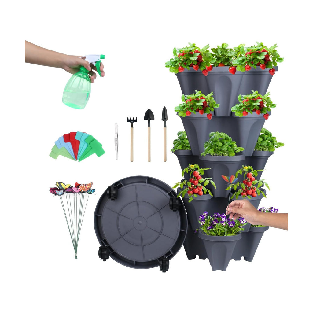 DUNCHATY Stackable Planter, Vertical Strawberry Planter with Garen Tool Set, Self Watering Garden Planter