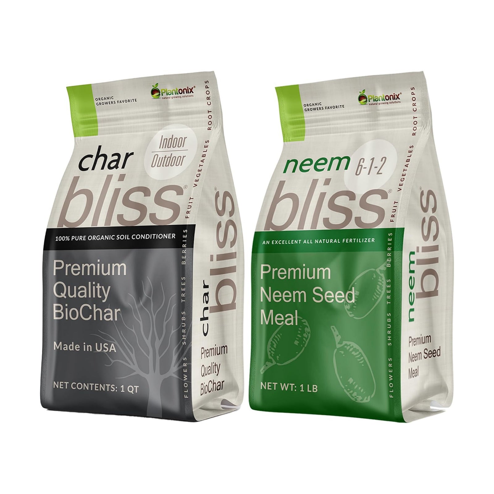 Neem Bliss (1lb) + Char Bliss (1 Qt) - Neem Cake for Plants & Organic Biochar for Plants - Plant Charcoal Retains