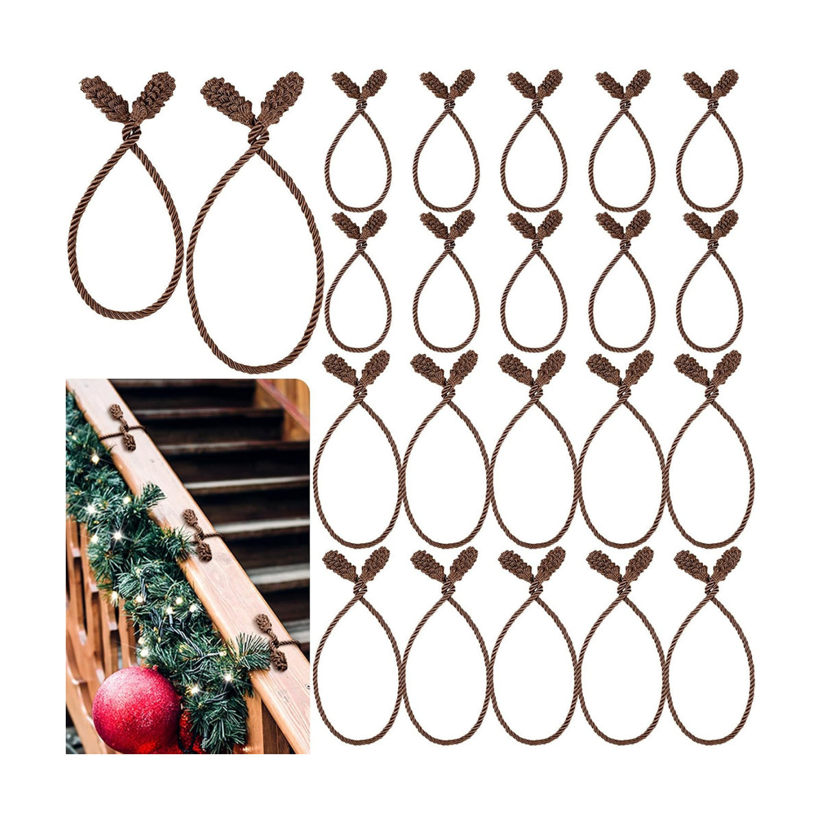 Riakrum 20 Pcs Christmas 20 Inches and 16 Inches Set Decorative Garland Twist Ties Garland Decor for Xmas Holiday Lights Bannisters Stairways Railings (Brown)