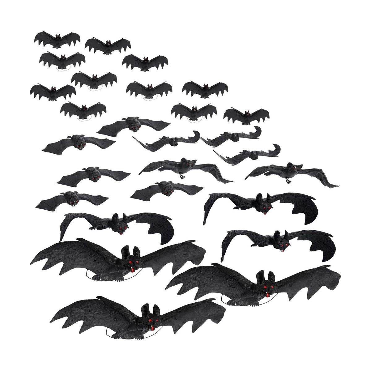 Liliful 50 Pcs Halloween Hanging Bats, Rubber, 6 Size, Black