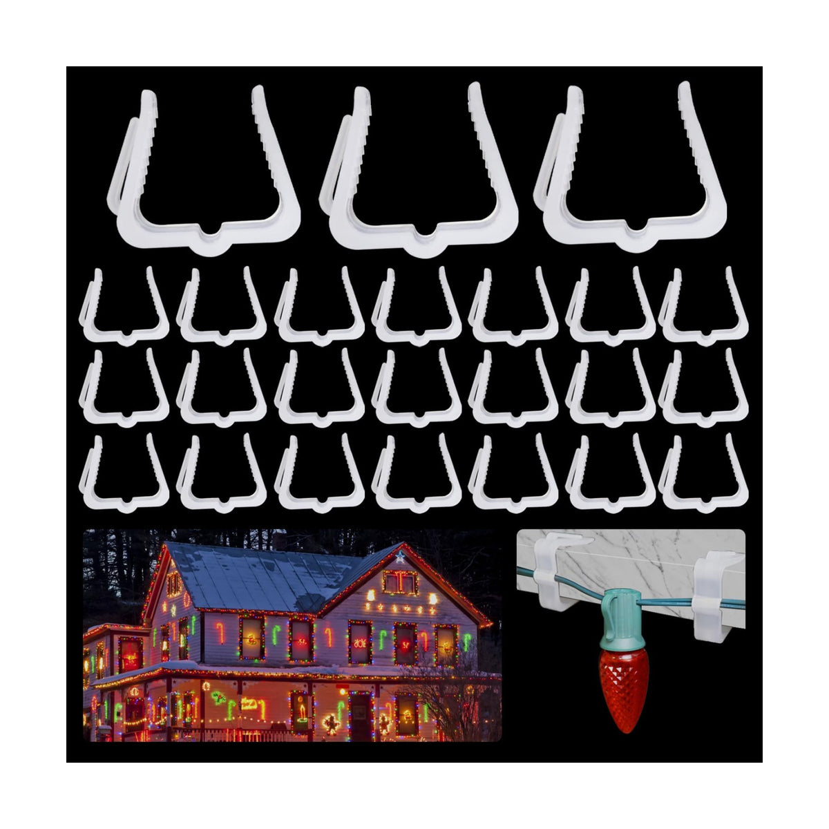 50 Pieces Christmas Holiday Light Hanger Hooks, 1.62" Fascia Boards Clips White, Plastic Holiday Light Clips for C7, C9, Mini String Lights Outdoor Roof Roofline Deck Eave Christmas Decoration