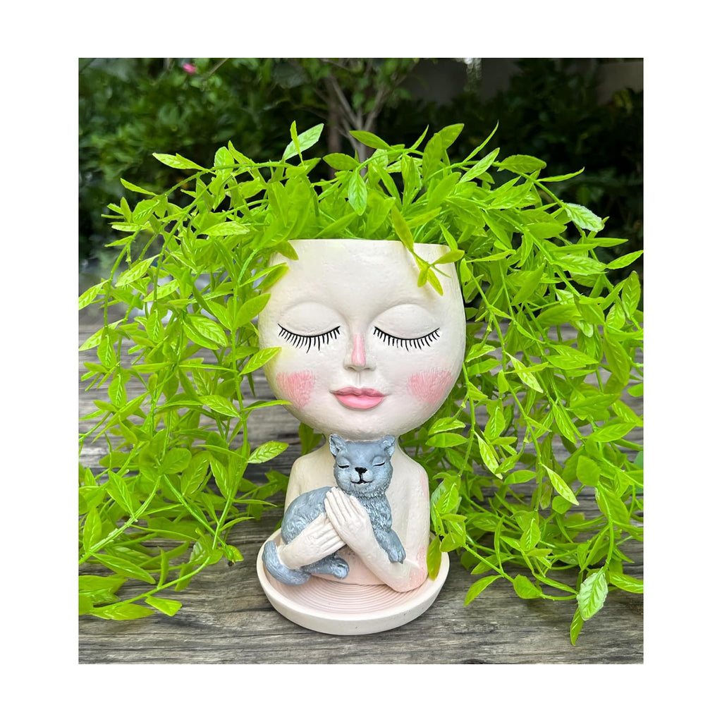 Head Planter with Drainage Hole, Resin Art Vase, Cute Lady Hugging Cat Succulent Flower Pots, Unique for Indoor Outdoor