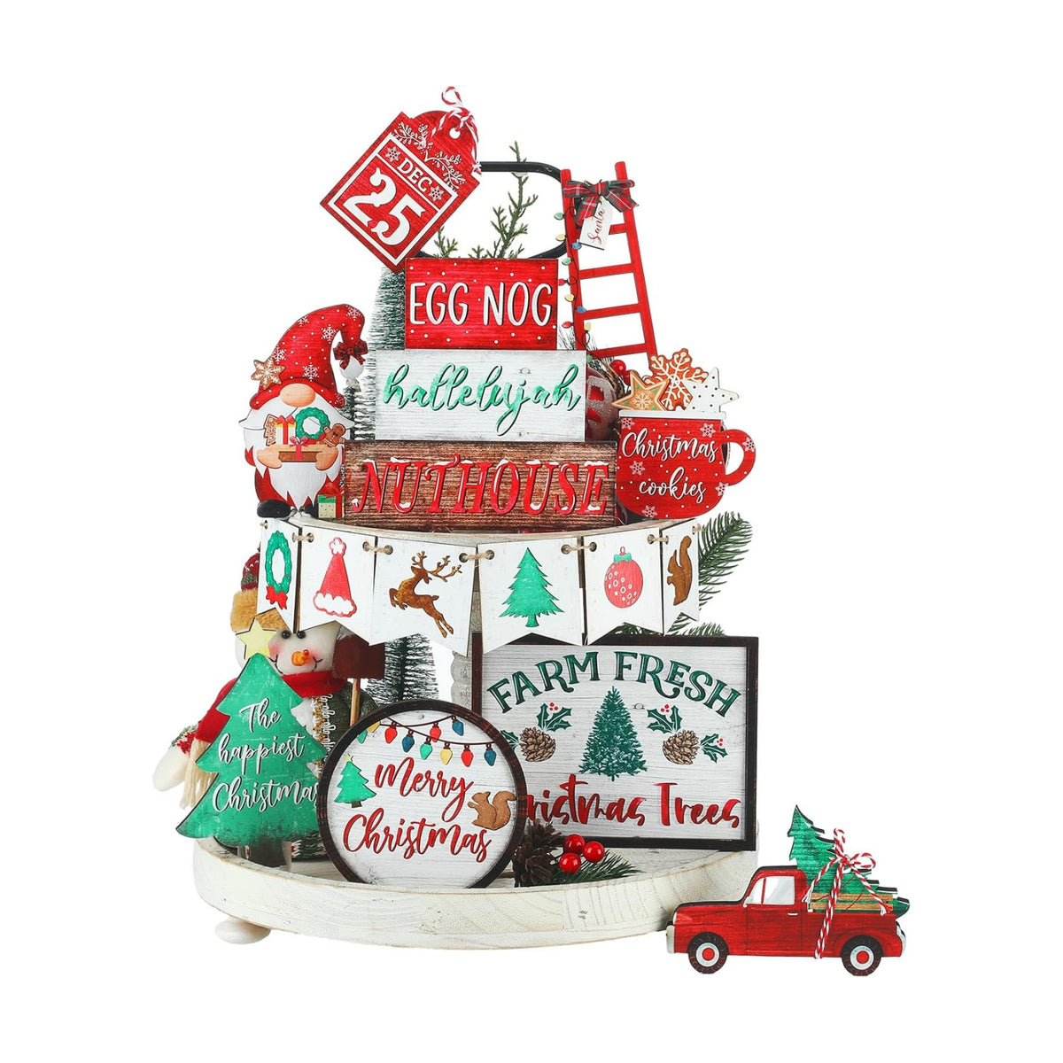 Fairysandy 15 Pcs Christmas Tiered Tray Decor, Rustic Farmhouse Gnome Sign