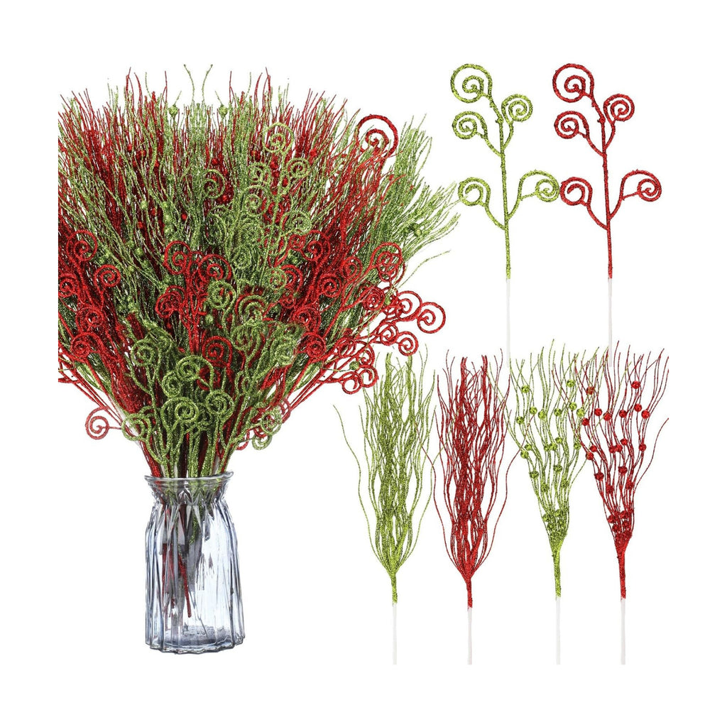 Tigeen 48 Pcs Christmas Tree Picks Glitter Curly Berry Stems,Red Green