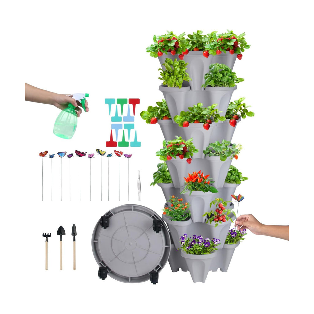 DUNCHATY Stackable Planter, Vertical Garden Planter with Wheels and Tools, Self Watering Strawberry Planter