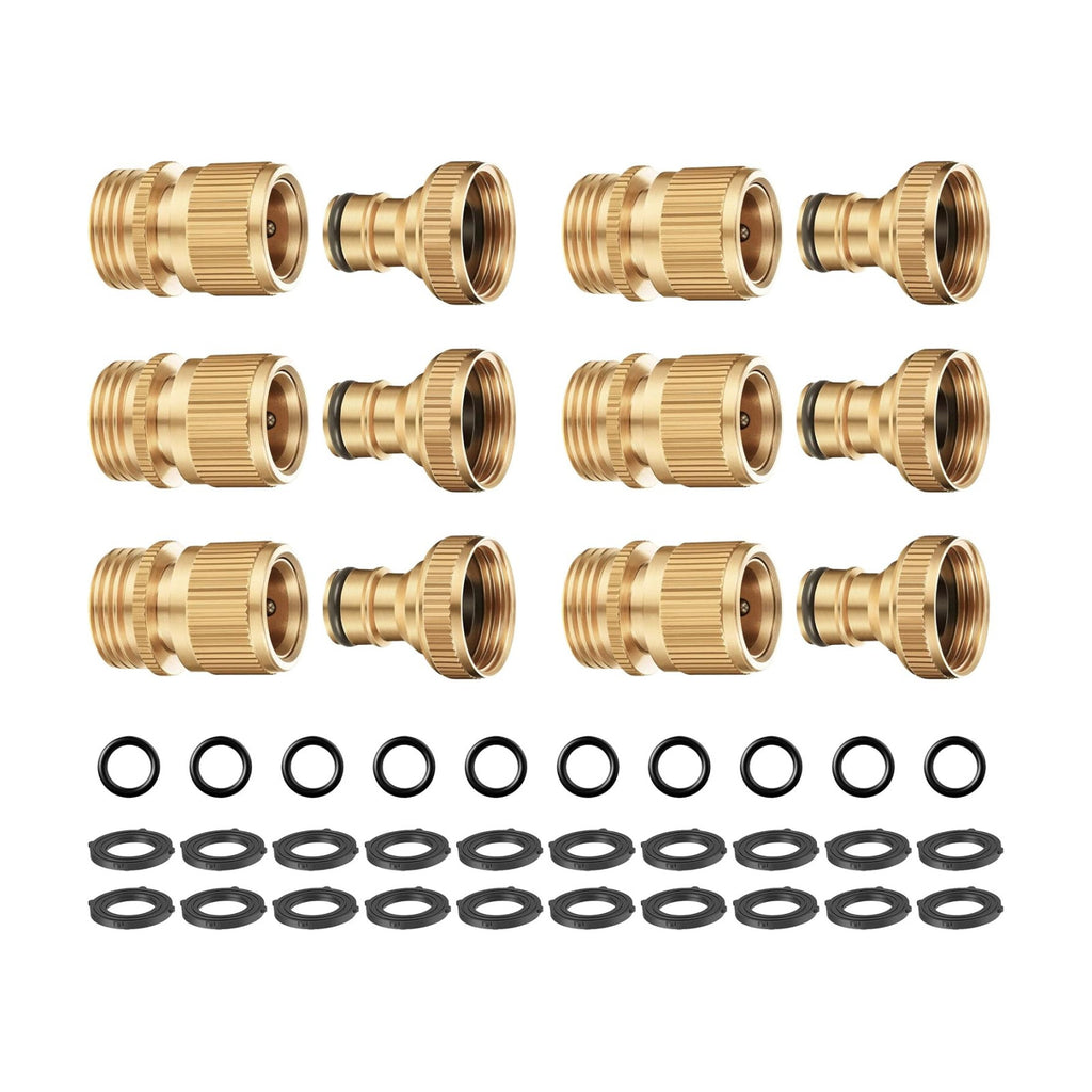 Heavy Duty Solid Brass Garden Hose Quick Connect Fittings, 6 Pack 3/4" With 20 Extra Washers, Male and Female Connectors