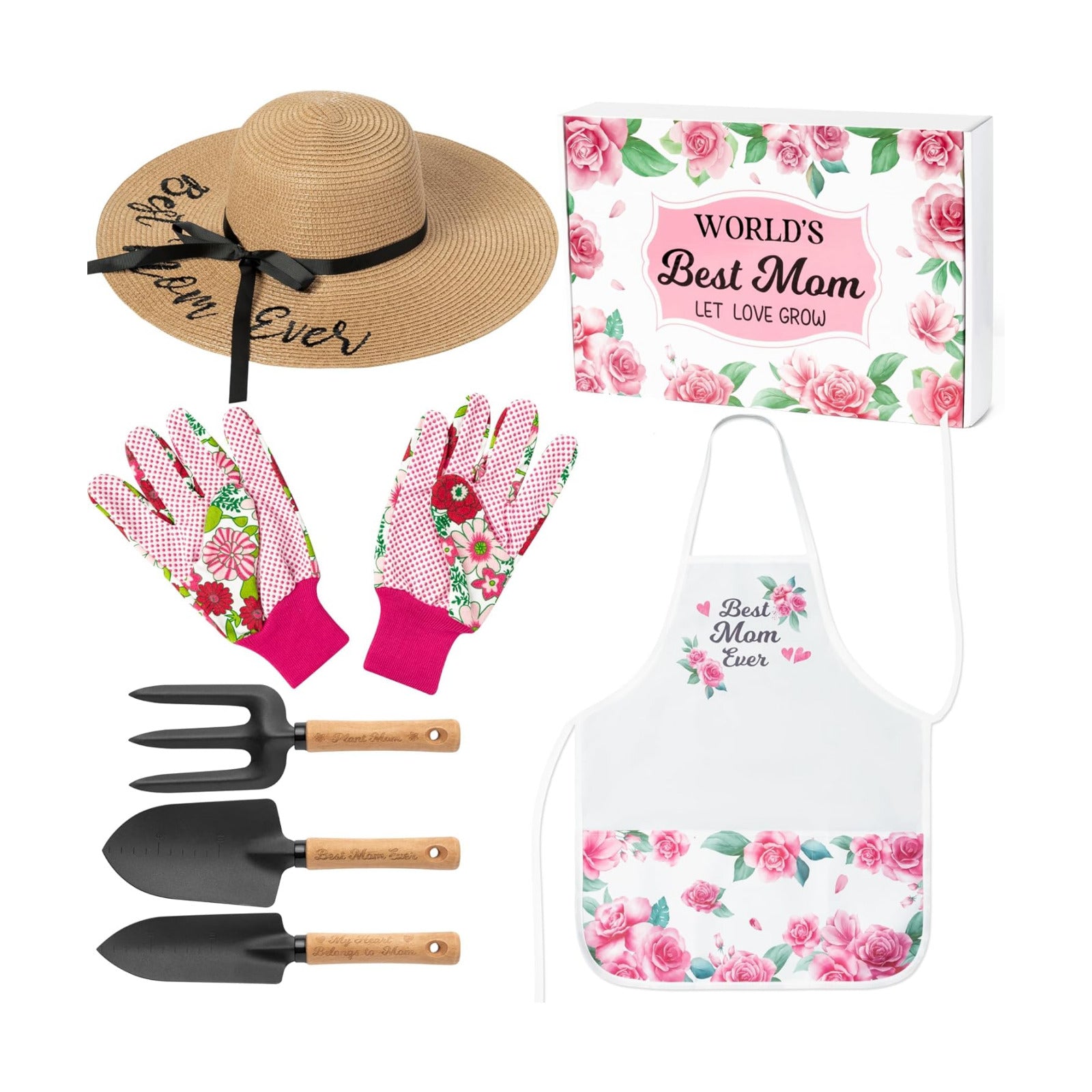 Mom Garden Tools Pink Hand Rake Transplanter Apron Trowel Straw Hat Planting Gloves Gardening Set with Box Outdoor