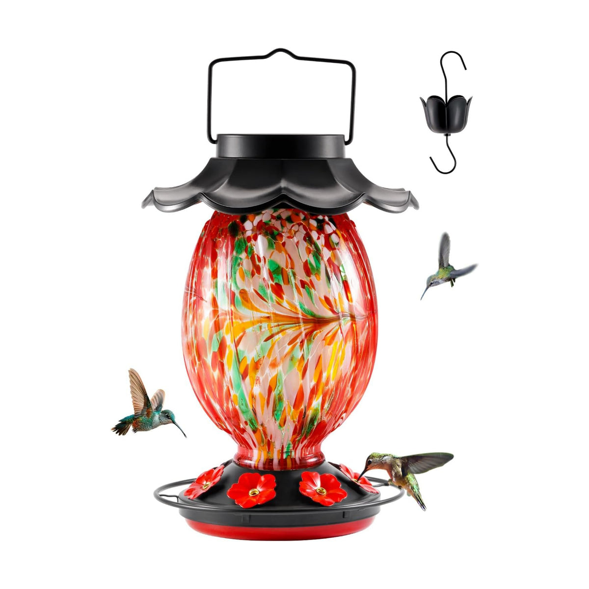HouseSapp Solar Hummingbird Feeder - 49 fl.oz Hand Blown Glass Color Changing - 7 Feeding Ports with Perch - Never Leak - Perfect Hummingbird Feeder