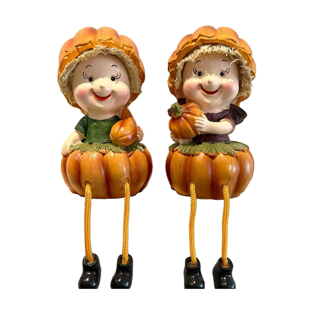 KiaoTime Fall Thanksgiving Scarecrow Pumpkin Shelf Sitters with Dangling Legs Decoration, Set of 2 Fruit Harvest Sculpture for Window Sill Kitchen Tabletop Autumn Home Decoration