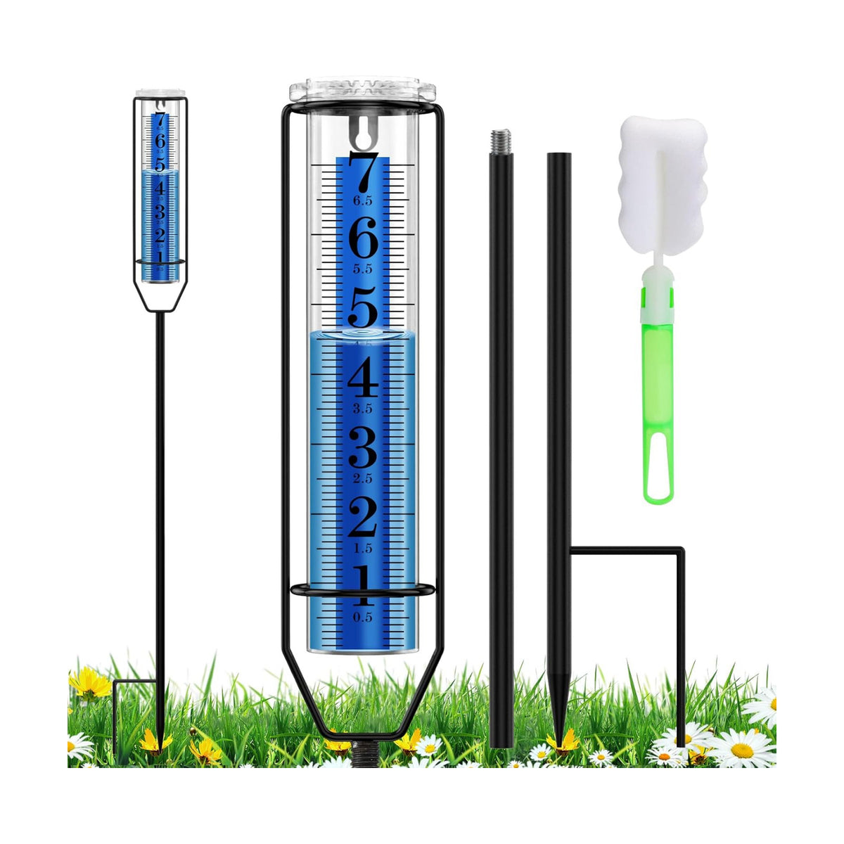 BoArt Rain Gauge, 7" Freeze-Proof Thickened Transparent Plastic Rain Gauge Outdoor, Large Clear Numbers and Adjustable Height Rain Measuring Tool for Garden, Lawn, Patio, and Farm Use