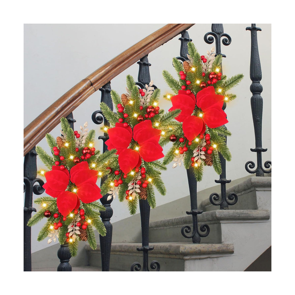 Hotop 3 Pcs Artificial Christmas Swags 17.7" Lighted Berries, red