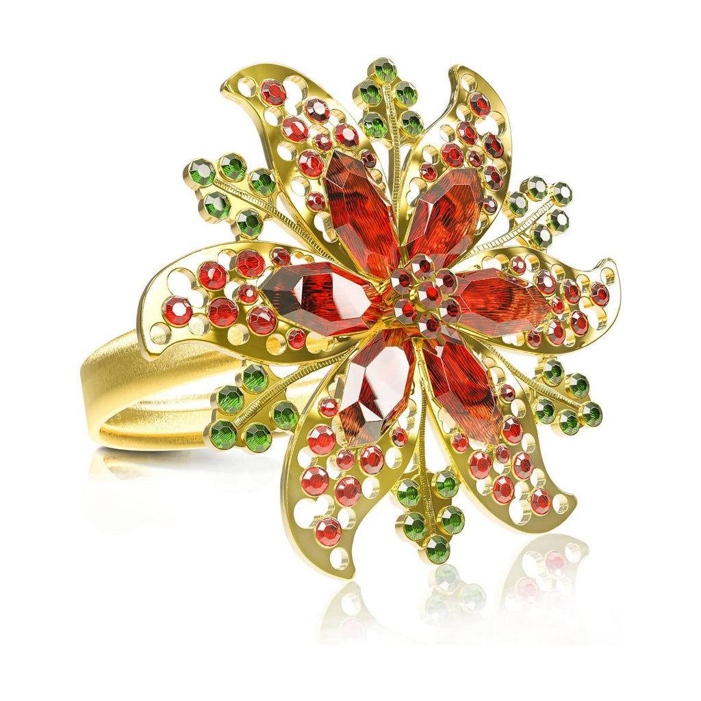 Legigo Set of 8 Christmas Flower Napkin Rings Set for Dinning Table Setting- Red Rhinestone Xmas Winter Napkin Ring Holders for Cloth Napkins, Christmas Holiday Party Dinner Table Decoration