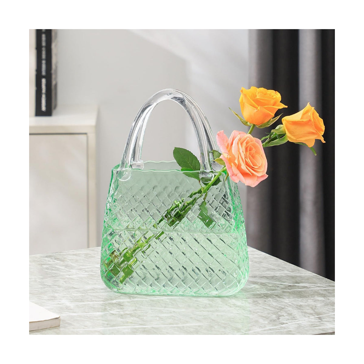 Glass Purse Vase, Green Purse Vase for Flowers, 12 Inch Glass Bag Vase, Large Flower Vases with Embossed Pattern for Wedding, Living Room, Bedroom, Table, Office(Round)