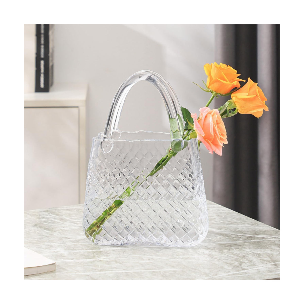 Purse Vase, Glass Bag Vase, Glass Purse Vase for Flowers, Clear Vases, 12 Inch Large Flower Vase with Embossed Pattern for Wedding, Living Room, Bedroom, Table, Office(Round)