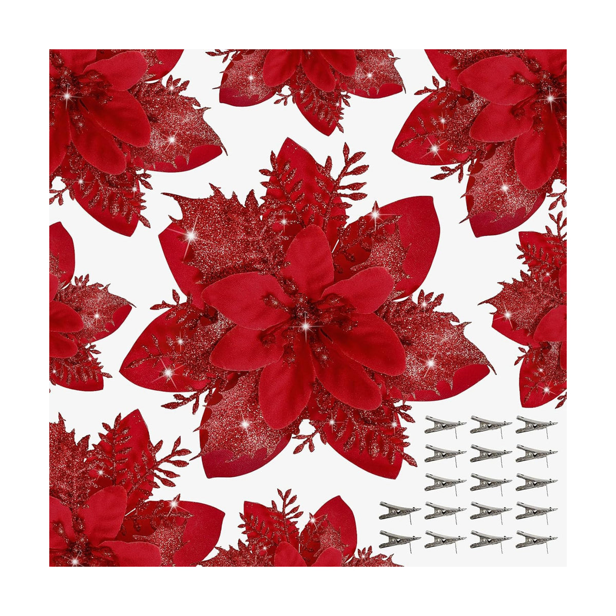 15 PCS Poinsettia Flower Artificial Poinsettia with Clips Christmas Decor Glitter Poinsettia Christmas Ornaments Christmas Tree Flower Decorations with Stems DIY Xmas Wreath Holiday Home Party Decor