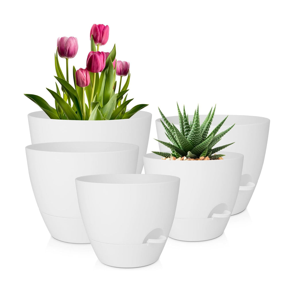 QRRICA Plant Pots 10/9/8/7.5/7 Inch Self Watering Pots, Set of 5 Plastic Planters with Drainage Holes and