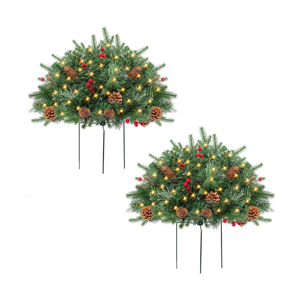ENVEN Outdoor Christmas Tree Frosted Urn Filler 2 Set, Pre-lit Artificial Xmas Tree with Cones & Red Berries, Small Christmas Tree with 70 Warm Lights