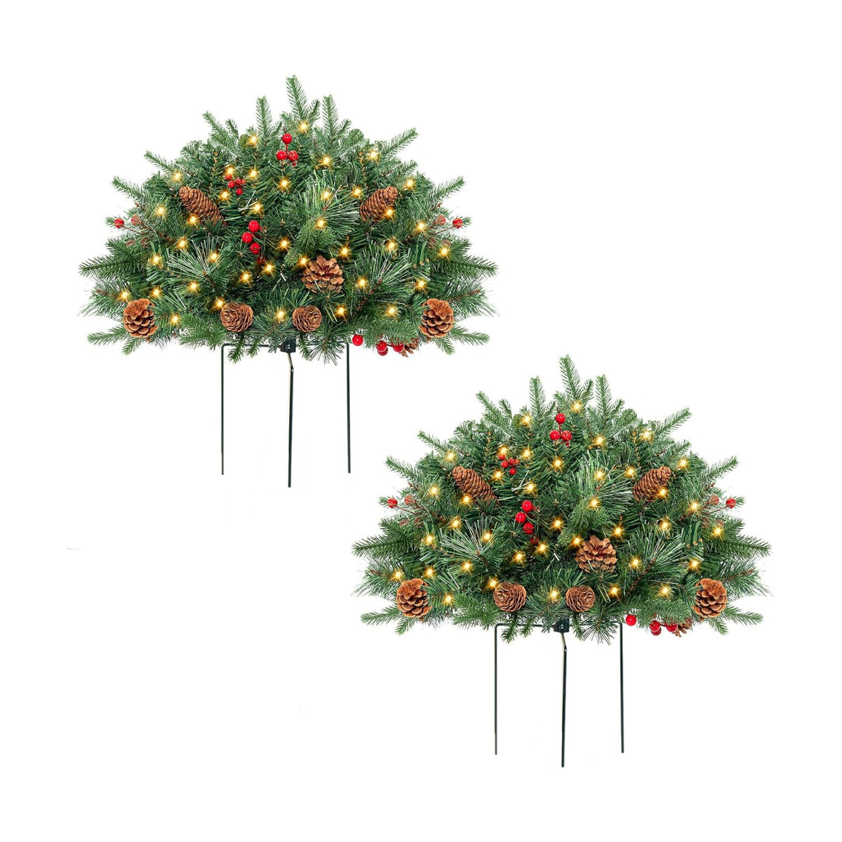 ENVEN Outdoor Christmas Tree Frosted Urn Filler 2 Set, Pre-lit Artificial Xmas Tree with Cones & Red Berries, Small Christmas Tree with 70 Warm Lights