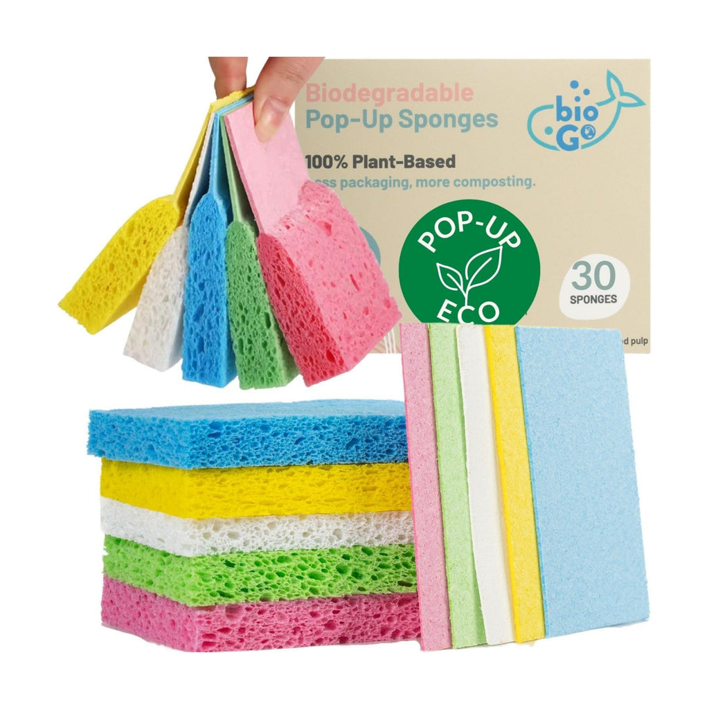 bioGo 30 Pack Compostable Pop-Up Sponges - Expanding, Non-Scratch, Plant-Based Dish - Bulk Color - Pop Up Sponge