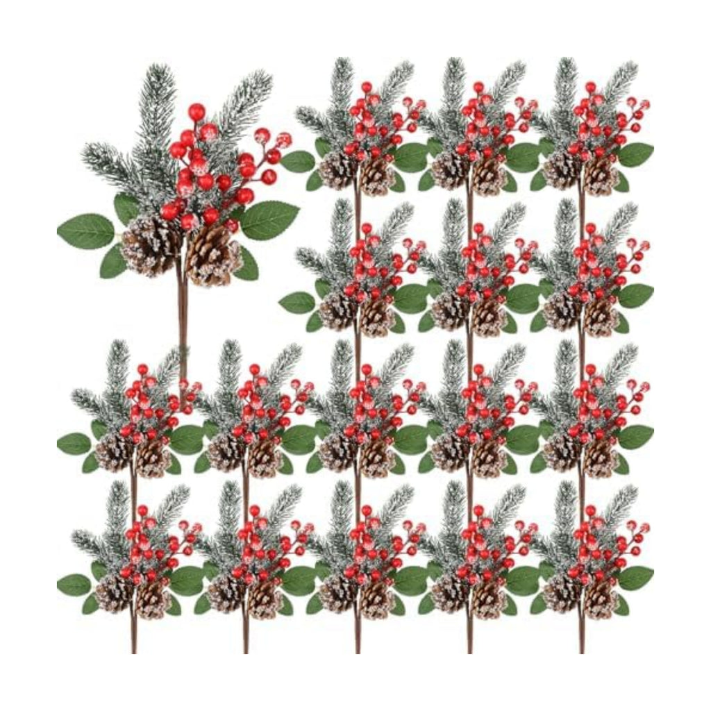 Yuxung 24 Pack Christmas Flower Picks Red Picks Pine Picks Set 11 Inch Pine Snowy Flower Berry Picks Artificial Pine Cones Holly Stem Craft Fake Berry Branches for Christmas Xmas DIY Tree Decor