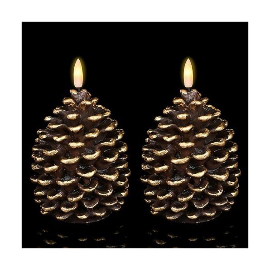 Wondise Flameless Candles with Timer, Battery Operated Flickering 3D Wick Real Wax Pine Cone Candles for Christmas Indoor Decoration, Set of 2, Brown(D3.5 x H6 Inch)