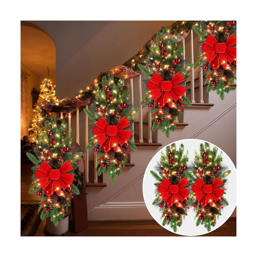 Lyrow 2 Pack 24" Christmas Stairway Swag with Lights, Red Ribbon