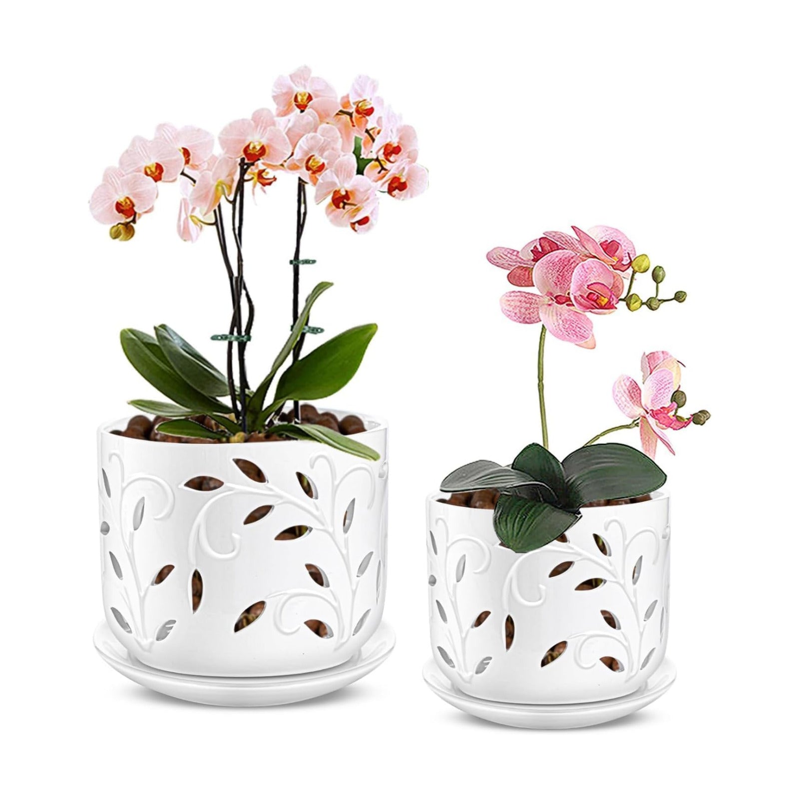 EFISPSS Ceramic Orchid Pots 5+6 Inch White with Drainage Holes & Tray, Breathable Airflow, Indoor & Outdoor