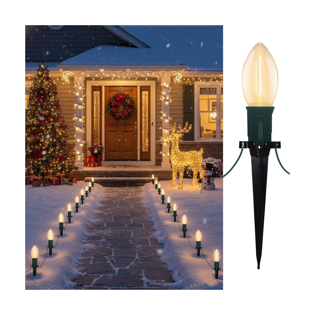 C9 LED Christmas Pathway Lights, 38FT Outdoor Warm White Pathway Markers Lights with 25 Stakes, Connectable Waterproof Outside Christmas Decorations for Xmas Party Decor Patio Yard Lawn, Garden