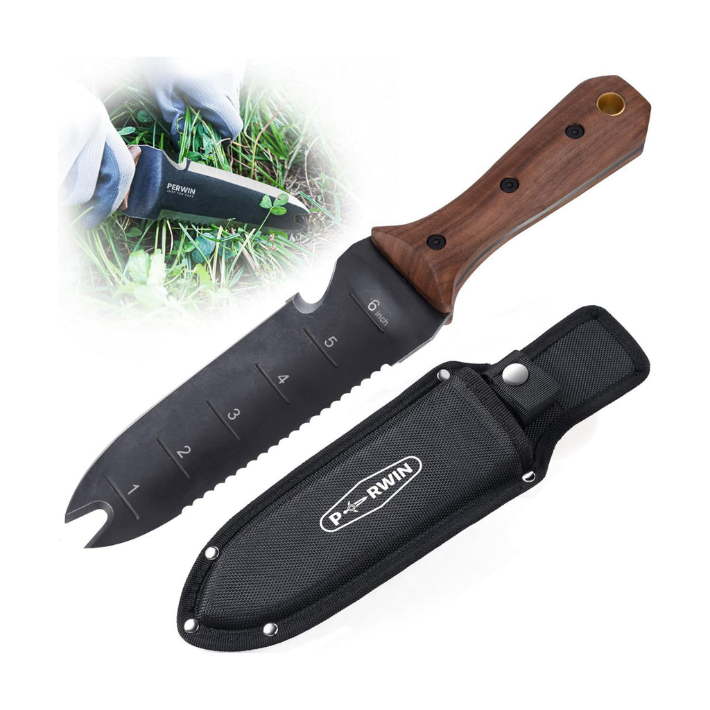 PERWIN Hori Hori Garden Knife, Garden Tools with Sheath for Weeding, Planting, Digging, 7" Stainless Steel Blade with
