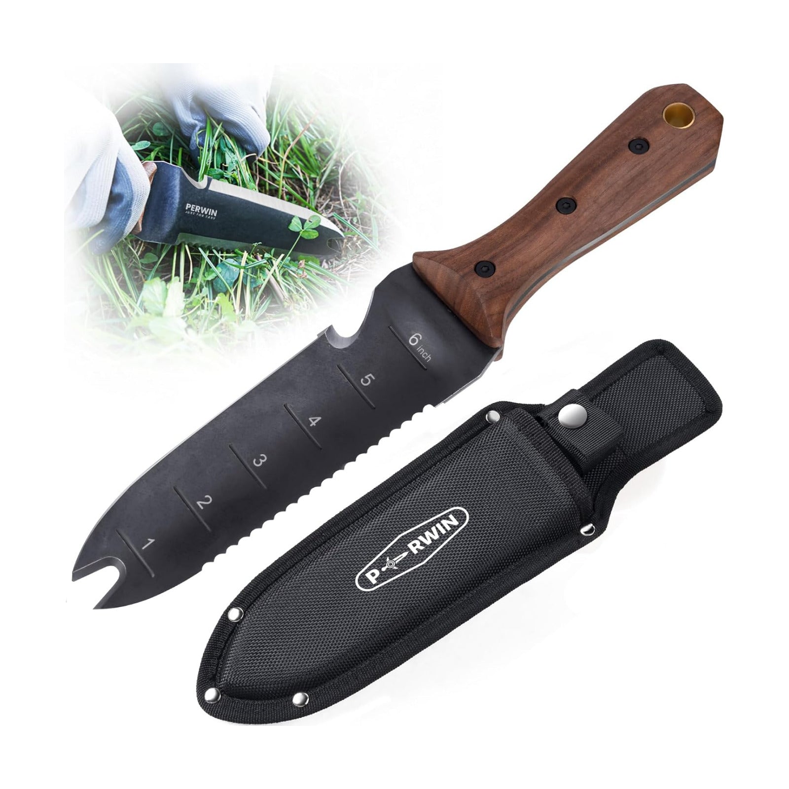 PERWIN Hori Hori Garden Knife, Garden Tools with Sheath for Weeding, Planting, Digging, 7" Stainless Steel Blade with